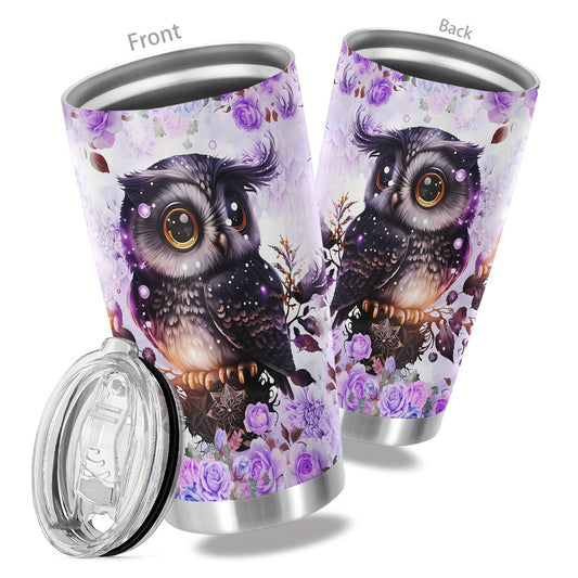 20oz Double-Wall Vacuum Insulated Stainless Steel Tumbler with Lid - Cute Owl Print Design - Keeps Drinks Hot & Cold - Perfect Travel Mug, Tea Cup, Gift