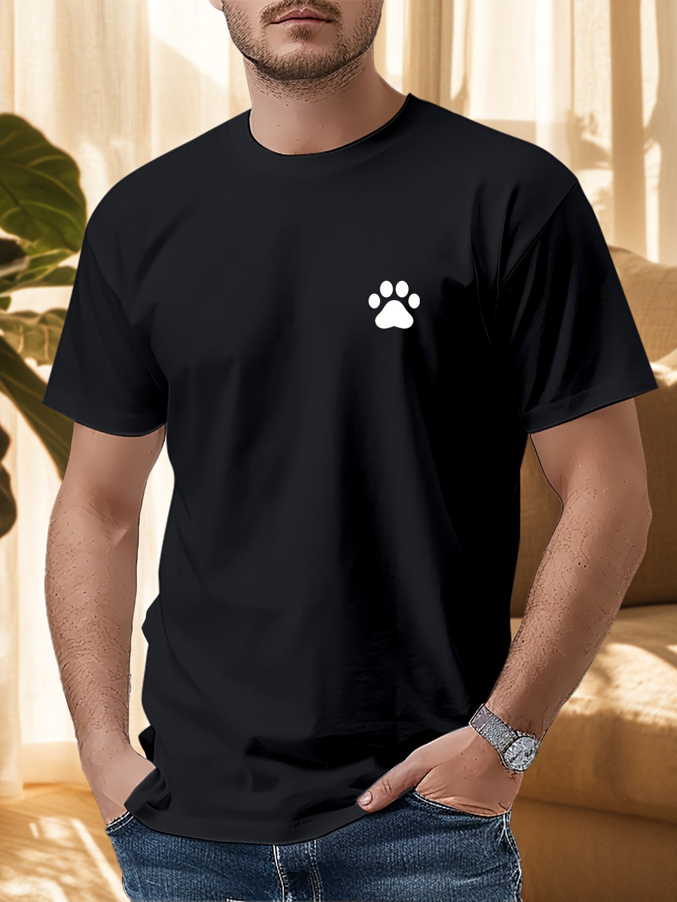 Fashion Paw Print T-Shirt for Men | Breathable Black and White Graphic Tee Shirts Top for Daily, Gym & Office