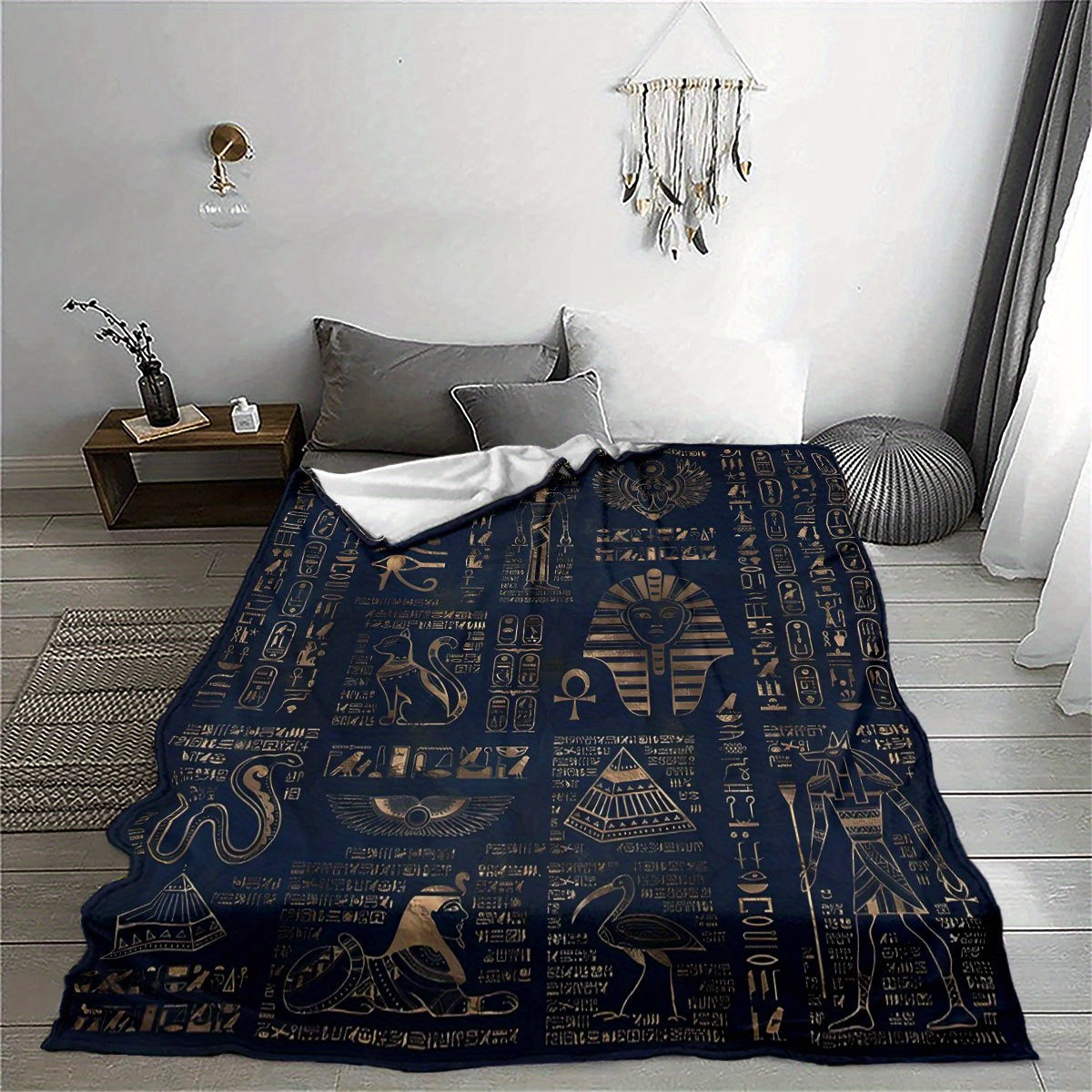 Egyptian Pharaoh Blanket - Hieroglyphics & Golden Pyramid Print on Deep Blue Flannel, Luxurious Sofa Throw Blankets Decor Gift