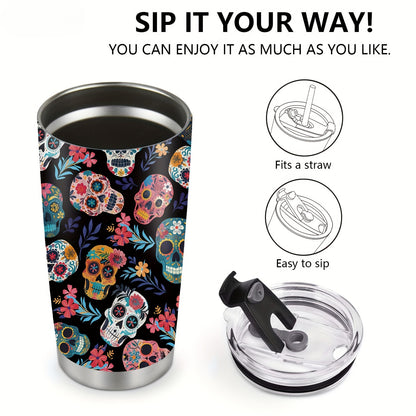 Skull Tumbler 20oz - Stainless Steel Vacuum Insulated & Leak-Proof, Perfect Travel Cup Gift for Halloween & Day of the Dead