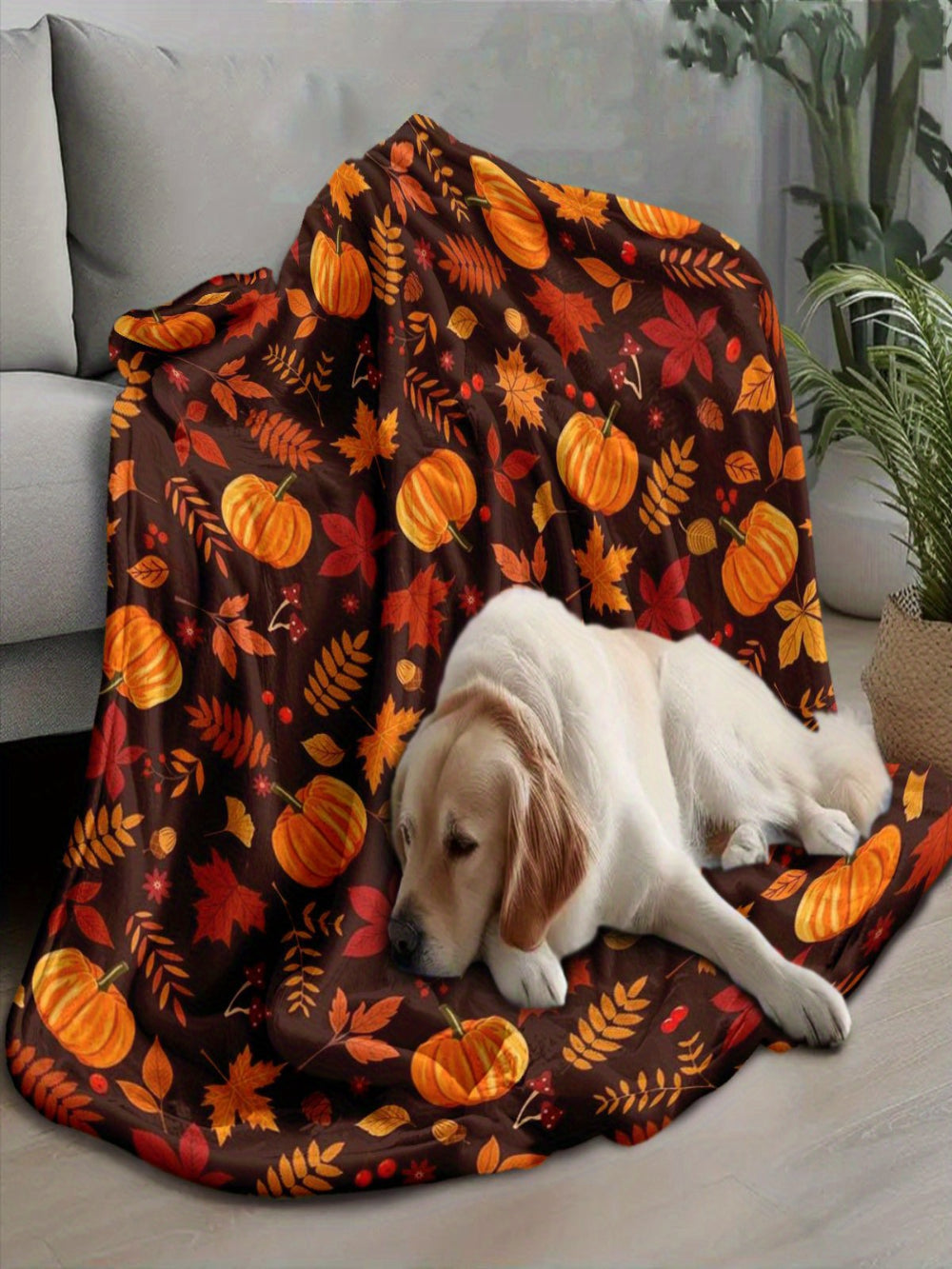 Lightweight Fall Flannel Throw - Pumpkin Leaf Design, All-Season Soft Warmth for Bed, Sofa & Camping, Versatile Gift