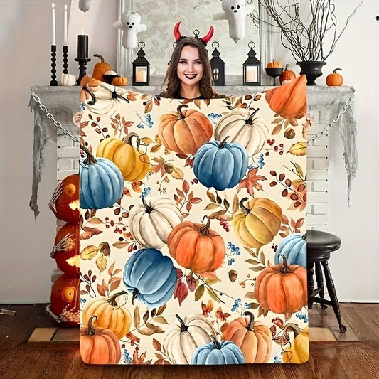 Rainbow Pumpkin Patch Flannel Throw - 7-Color Harvest Palette, Ultra-Soft & Warm for All Seasons, Cozy Fireside to Festive Couch