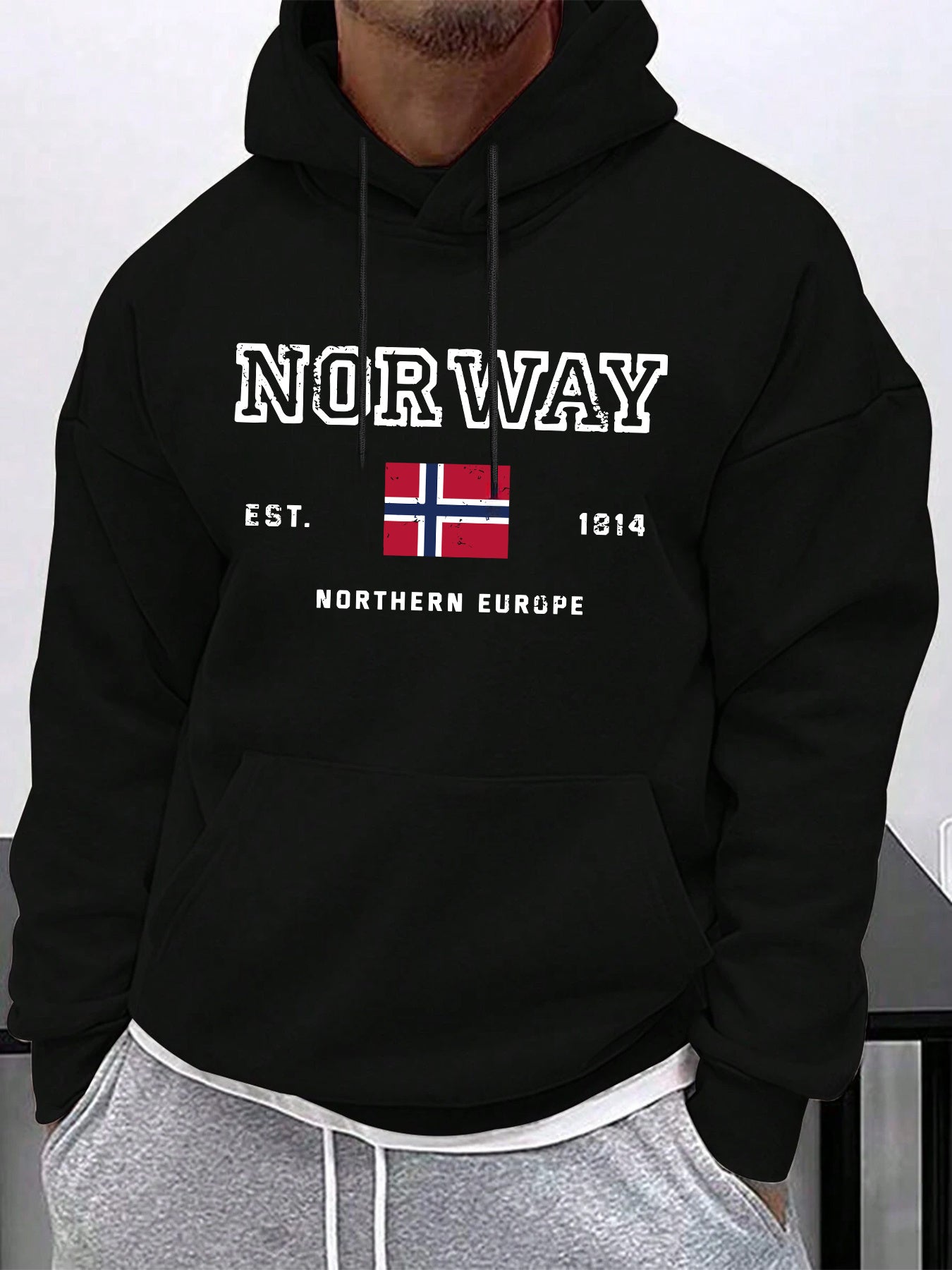 Men's Nordic Fjord Hoodie - Scandinavian Landscape Print Oversized Pullover | Cozy Hygge Streetwear with Kangaroo Pocket