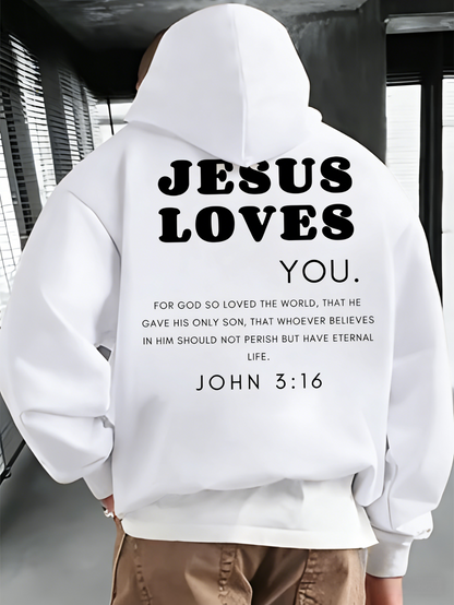 "Jesus Loves You" Hoodie for Men - Fall Winter Christian Streetwear | Oversized Pullover with Kangaroo Pocket