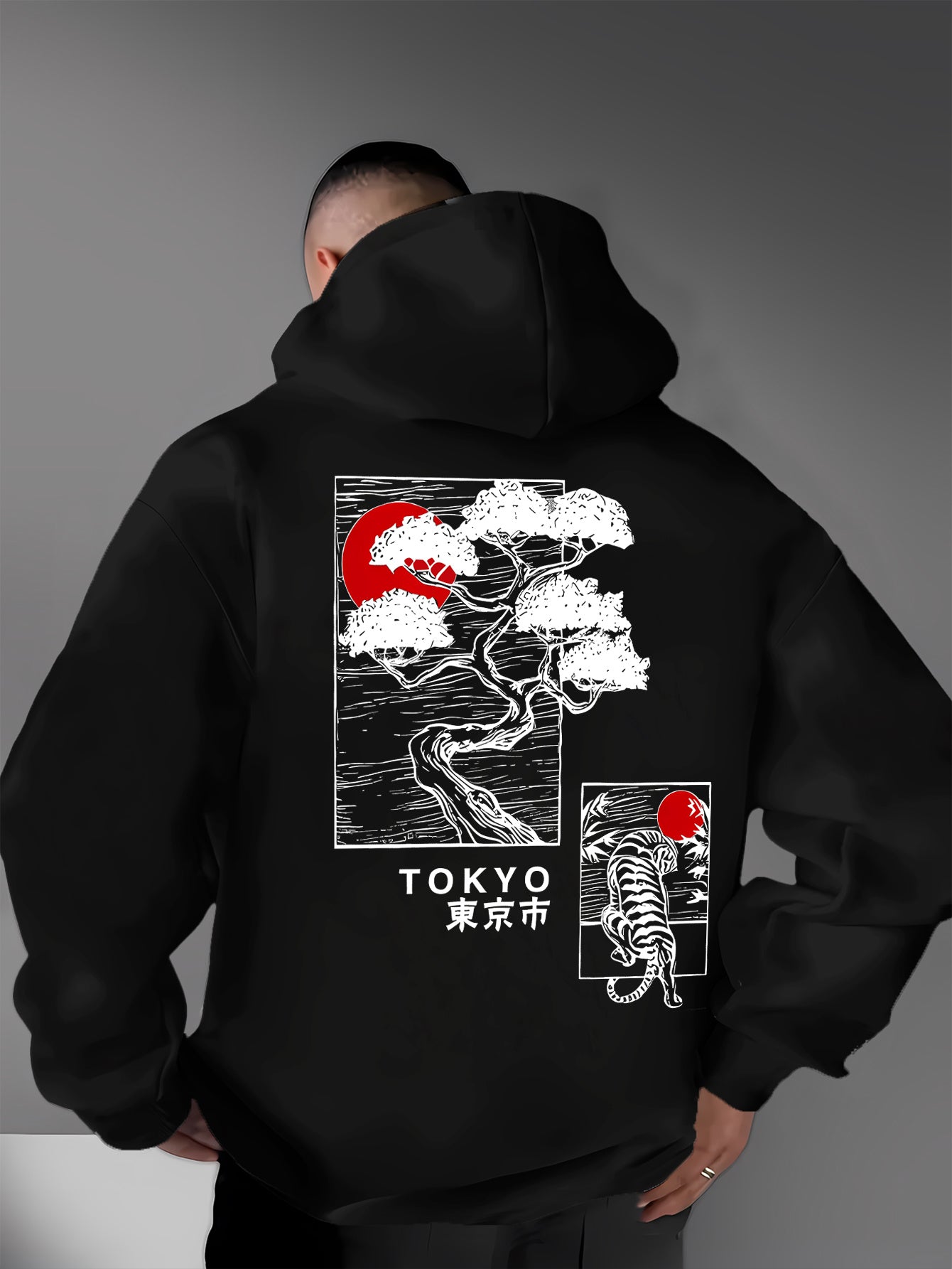 Men‘s Streetwear Hoodie - Japanese Inspired Print Featuring Tokyo, Bonsai & Sun, Casual Graphic Sweatshirt
