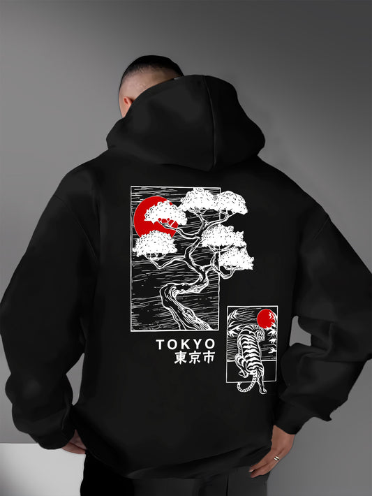 Men‘s Streetwear Hoodie - Japanese Inspired Print Featuring Tokyo, Bonsai & Sun, Casual Graphic Sweatshirt