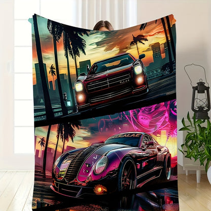 City Skyline & Car Print Throw Blanket - Modern Urban Design, All-Season Machine Washable for Couch, Dorm, Office, Gift for City Life Enthusiasts