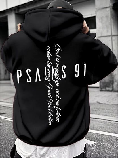 Men's Psalm 91 Hoodie - Armor of God Print, Faith Streetwear Trend Regular Fit Hooded Sweatshirt Pullover