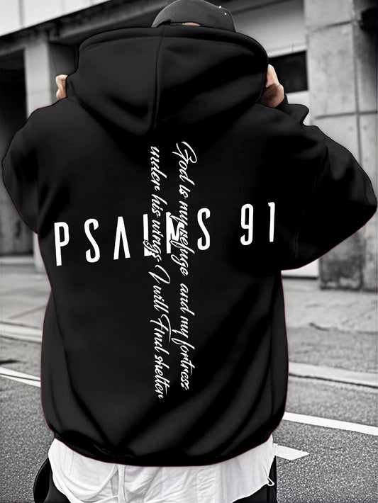 Men's Psalm 91 Hoodie - Armor of God Print, Faith Streetwear Trend Regular Fit Hooded Sweatshirt Pullover