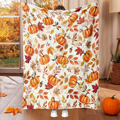 Autumn Harvest Flannel Blanket - Cozy Pumpkin & Maple Leaf Print for Home & Travel