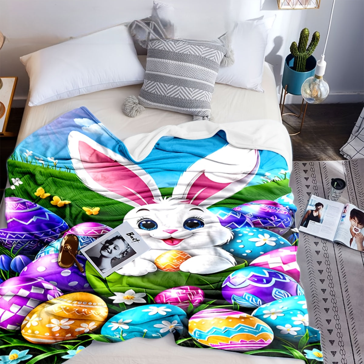 Modern Easter Bunny & Eggs Flannel Blanket - Contemporary Pastel Print, All-Season Lightweight for Sofa, Picnics, Travel & Spring Decor