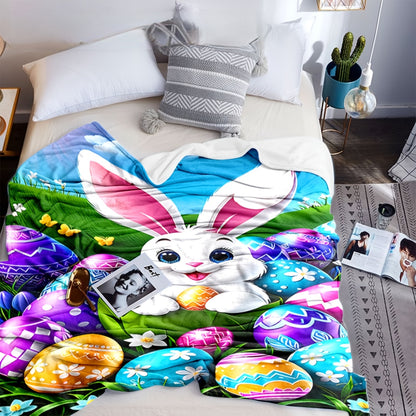 Modern Easter Bunny & Eggs Flannel Blanket - Contemporary Pastel Print, All-Season Lightweight for Sofa, Picnics, Travel & Spring Decor
