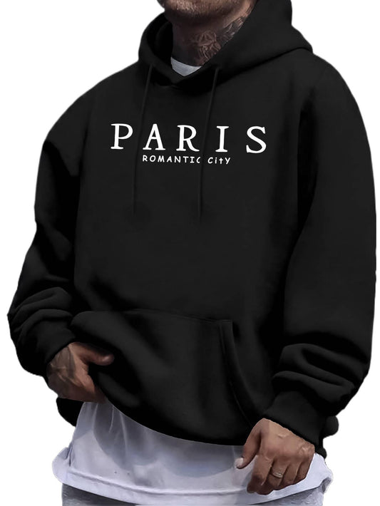 Casual Paris Graphic Hoodie - Men‘s Street Style Pullover, Comfortable Regular Fit Long Sleeve Hooded Sweatshirt