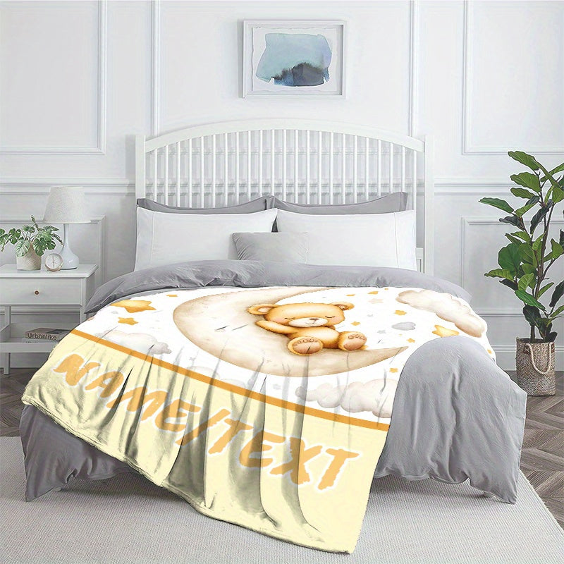 Personalized Cartoon Bear Flannel Blanket - Custom Name Print, Warm Lightweight Throw, Durable All-Season Comfort for Sofa, Bed, Travel & Camping