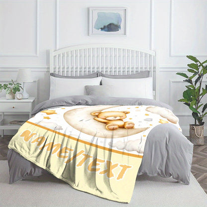 Personalized Cartoon Bear Flannel Blanket - Custom Name Print, Warm Lightweight Throw, Durable All-Season Comfort for Sofa, Bed, Travel & Camping