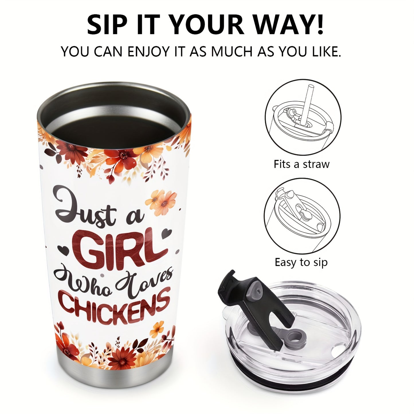 Chicken & Sunflower Tumbler - 20oz Stainless Steel Insulated Cup with Lid, Perfect Gift for Chicken Owners, Chicken Lovers, Mom, Women & Wife