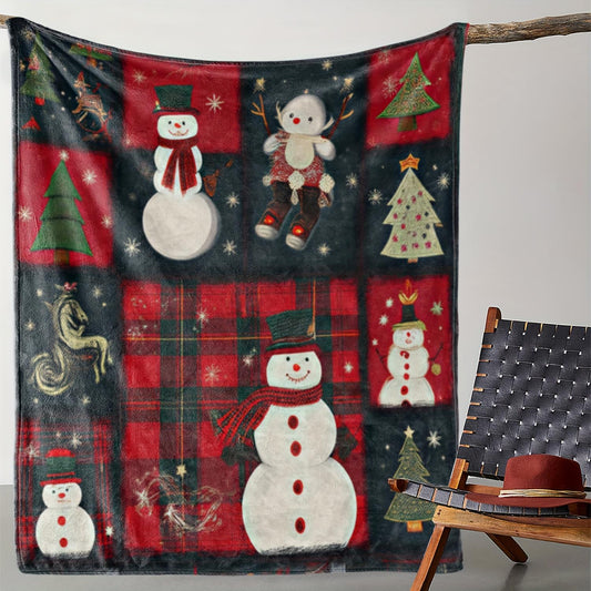 Vintage Snowman & Christmas Tree Flannel Blanket - Classic Red Green Holiday Print, Machine Washable for Sofa, Bed & Camping