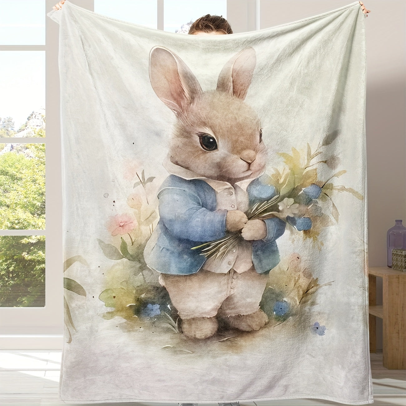 Rabbit Print Flannel Throw Blankets - Adorable & Lightweight Blanket for Kids and Adults | Soft Multi-Scene Gift for Nursery, Home, and Cozy Comfort