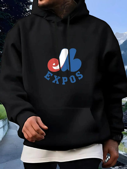 French Style Men's Hoodie - Logo Print Streetwear, Regular Fit Casual Hooded Sweatshirt Pullover