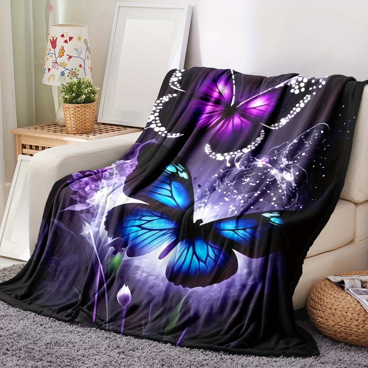 Butterfly Purple Floral Flannel Blanket - Enchanted Garden Print, Lightweight & All-Season for Boho Bedroom, Picnics, Festival & Cozy Camping