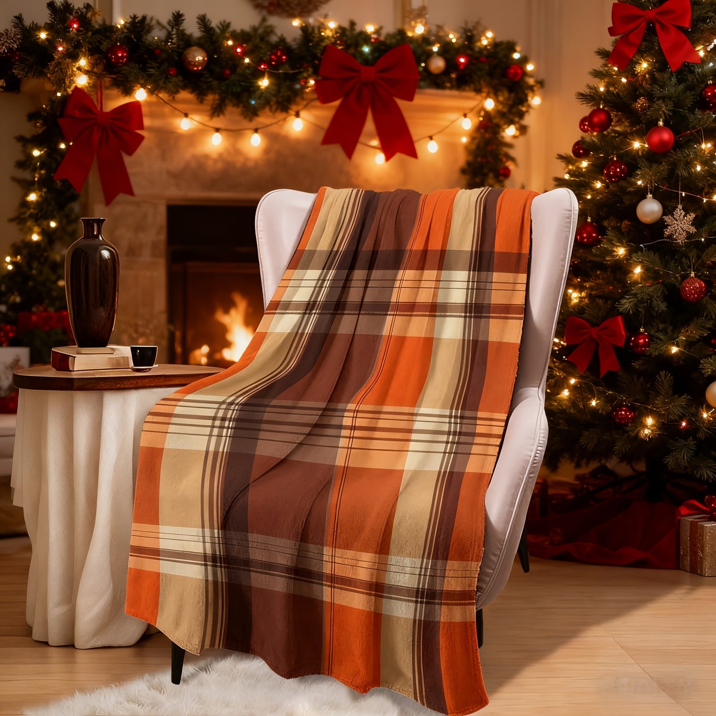 Halloween & Christmas Gift Blanket - Cozy Orange-Brown Plaid, Machine Washable 4-Season Throw for Home Travel