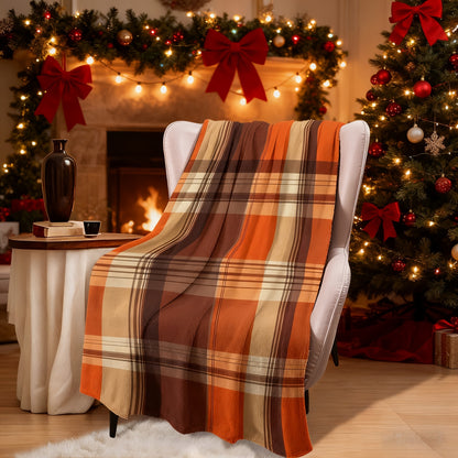 Halloween & Christmas Gift Blanket - Cozy Orange-Brown Plaid, Machine Washable 4-Season Throw for Home Travel