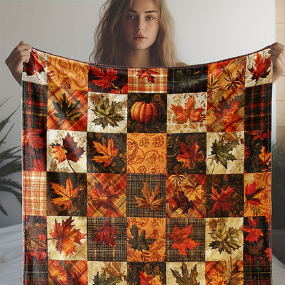 Patchwork Plaid Flannel Blanket - Fall Leaf Print, All-Season Soft Throw for Sofa, Bed & Housewarming Gift
