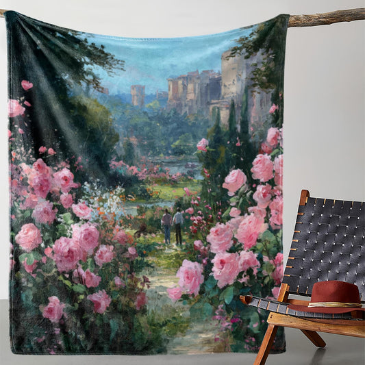Enchanted Rose Castle Flannel Blanket - Pink & Green Vintage Style, Fairytale Housewarming or Wedding Gift