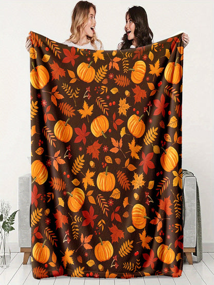 Cozy Autumn Pumpkin Leaf Blanket - Ultimate Soft & Warm Throw for All Seasons, Perfect Fall Gift for Bed, Sofa, Camping & Travel