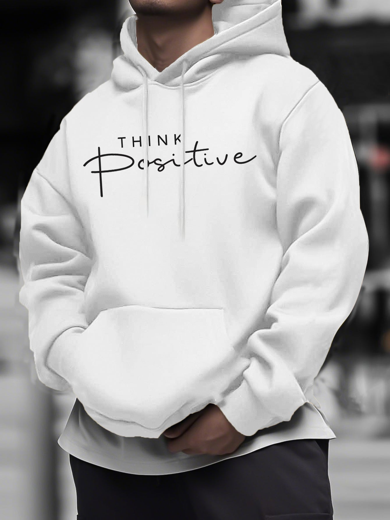Men's Geometric Print Hoodie - Black Urban Casual Pullover with Positive Slogan, Comfortable Hooded Sweatshirt for Streetwear & Daily Wear