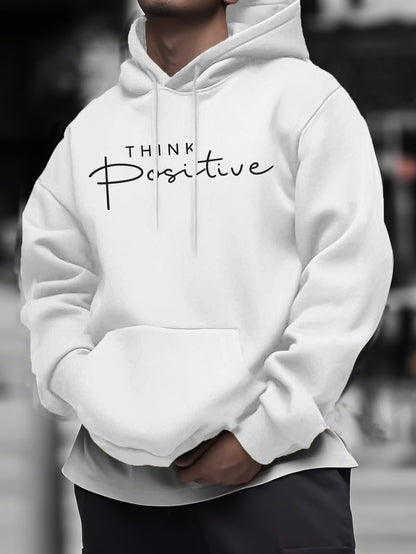 Men's Geometric Print Hoodie - Black Urban Casual Pullover with Positive Slogan, Comfortable Hooded Sweatshirt for Streetwear & Daily Wear