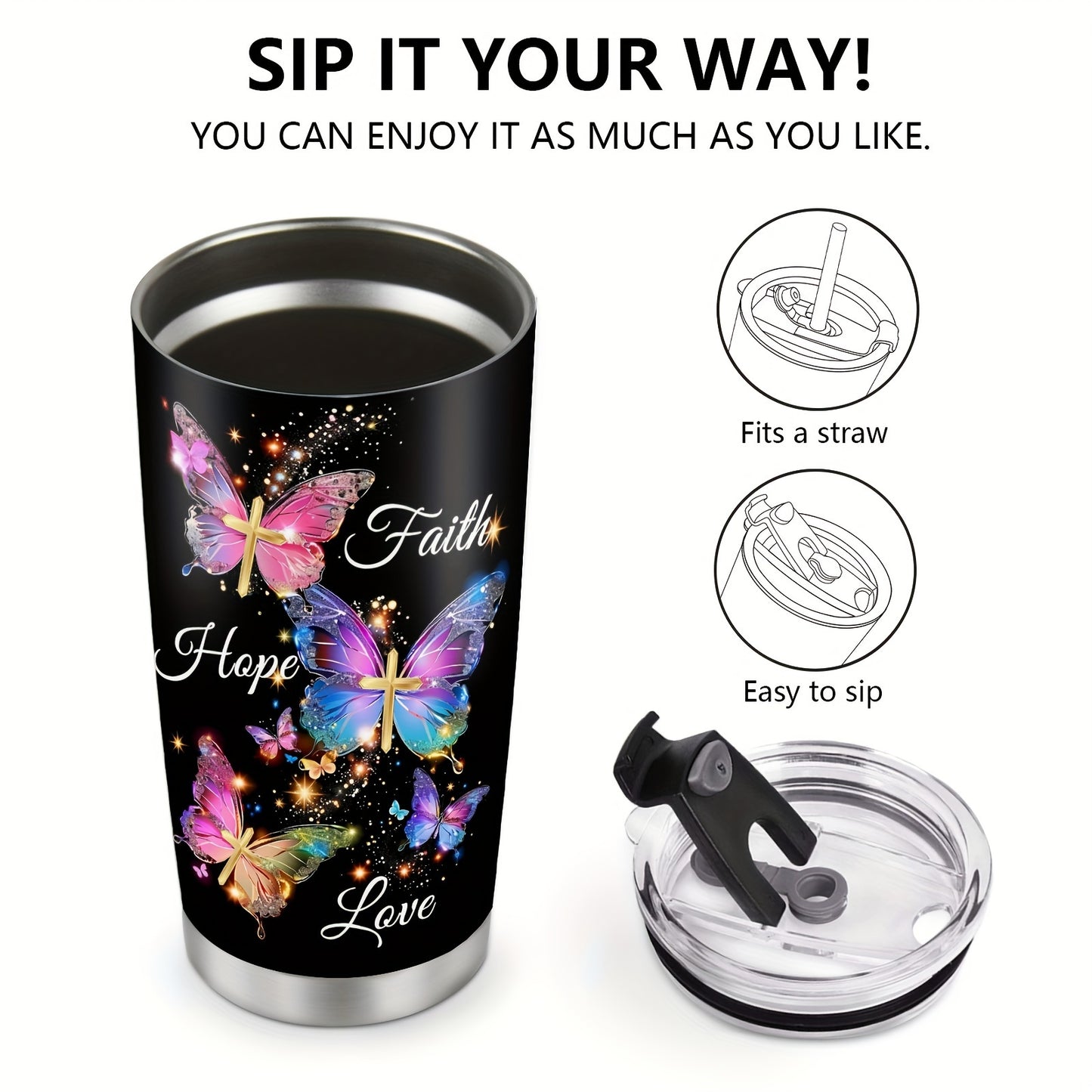 Faith Hope Love Tumbler 20oz - Christian Insulated Mug with Butterfly Galaxy & Cross Design, Bible Verse Gift for Women, Christmas Thanksgiving Mother's Day Present