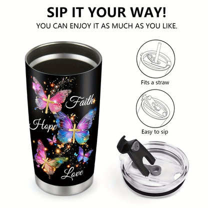Faith Hope Love Tumbler 20oz - Christian Insulated Mug with Butterfly Galaxy & Cross Design, Bible Verse Gift for Women, Christmas Thanksgiving Mother's Day Present