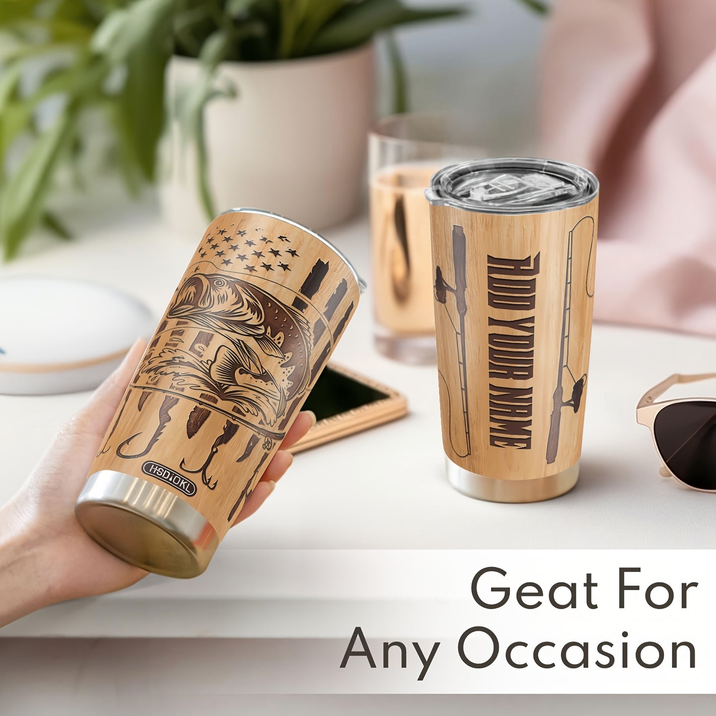 Personalized Funny Fishing Tumbler 20oz - Custom Name or Text, "Gone Fishing" Design Stainless Steel Cup, Gift for Dad, Men, Women, Birthday & Christmas