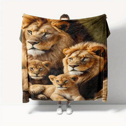Majestic Lion Print Flannel Blanket - HD Realistic Wildlife Design, Ultra Soft & Warm, All-Season Multi-Use Throw for Sofa, Camping, Luxe Gift