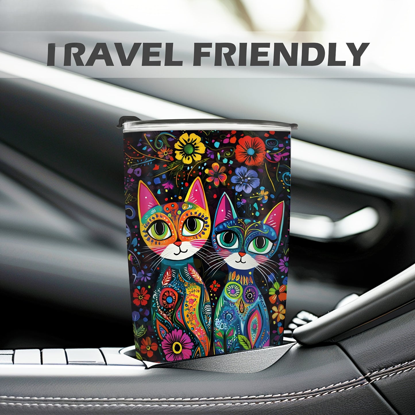 Vintage Cat & Flowers Tumbler - 20oz Retro Insulated Stainless Steel Travel Mug, Leakproof, Reusable Coffee Cup, Perfect Gift for Cat Lovers, Moms, Dads