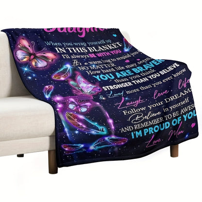 Mother to Daughter Butterfly Gift - Inspirational 'Love & Wings' Flannel Throw, Soft Companion for Sofa, Travel & Life
