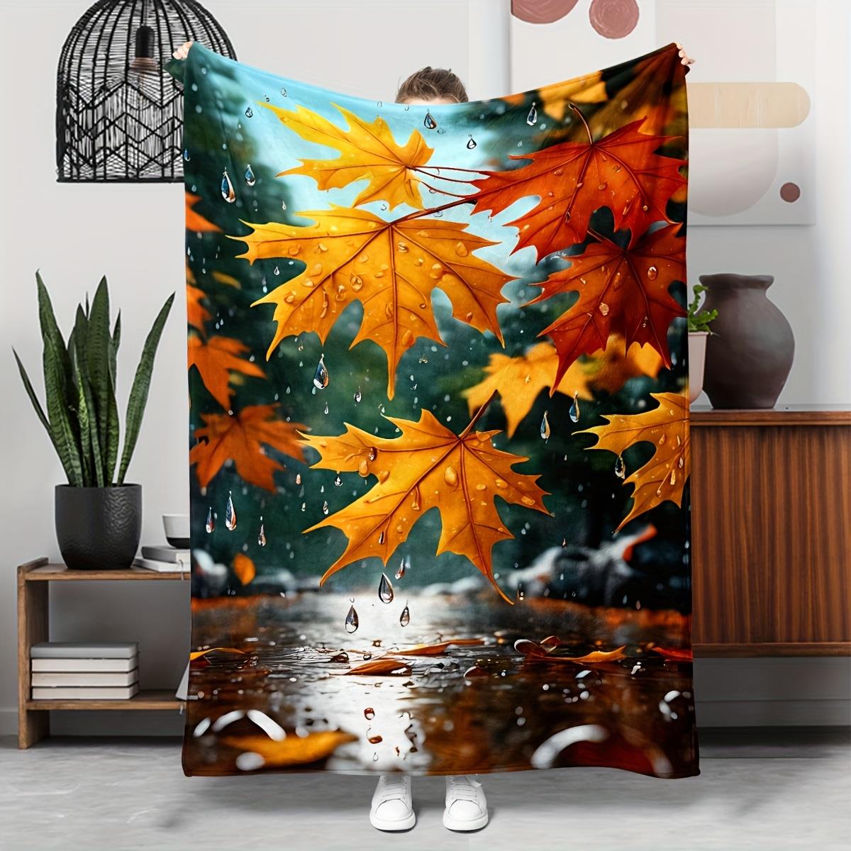 Maple Leaf Flannel Throw Blanket - Golden Orange Fall Blanket, Soft Warm All-Season for Sofa, Bed & Camping