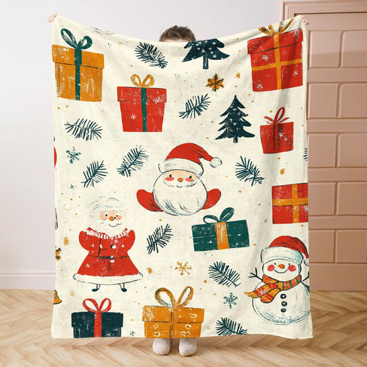 Christmas Flannel Blanket Snowman Gingerbread Tree Print Red Green Gold Soft All-Season Sofa Travel Holiday Gift