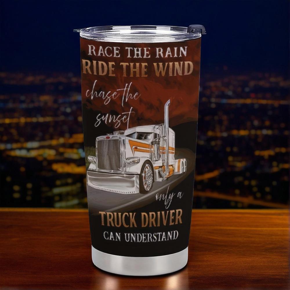 "King of the Road" Truck Driver Mug - 20oz Insulated Sunset & Highway Graphic Tumbler | Cool Gift for Long Haul Drivers, Stainless Steel Travel Cup