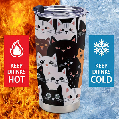 Stainless Steel Tumbler 20oz with Cat Print - Double-Walled Vacuum Insulated Travel Coffee Mug for Car Cup Holder, Leak-Proof Outdoor Cup