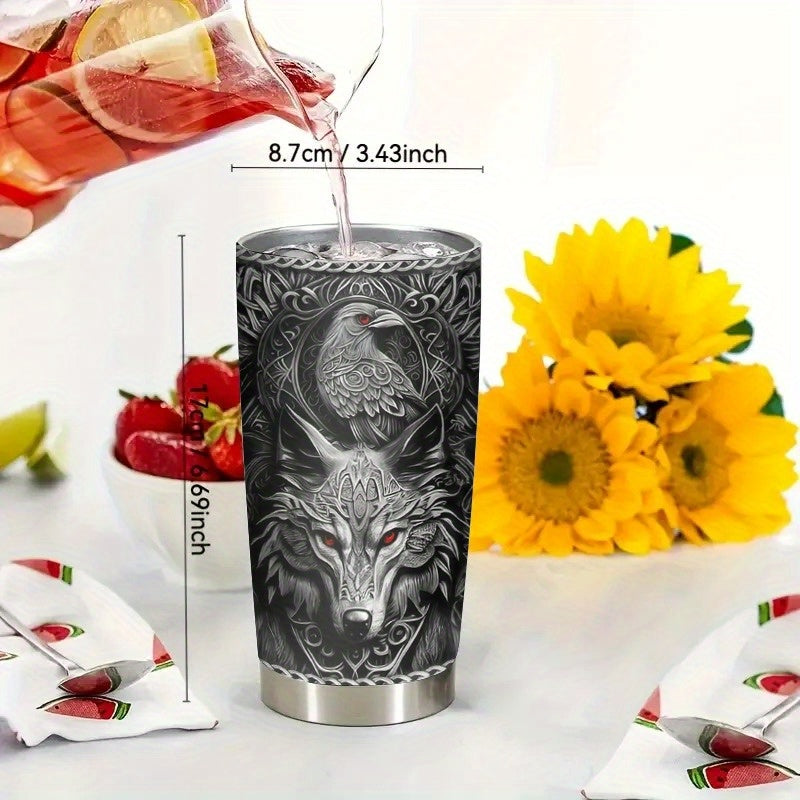 Viking Themed Insulated Tumbler 20oz - Stainless Steel Travel Mug with Wolf & Celtic Knot, Double-Wall Hot Cold Cup, Durable Gift for Him