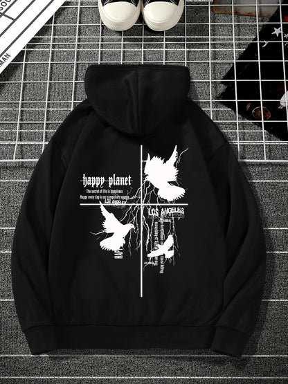Men's Dove of Peace Hoodie | Geometric Line Art Pullover, Symbolic Streetwear Trend Hooded Sweatshirt Top with Pocket