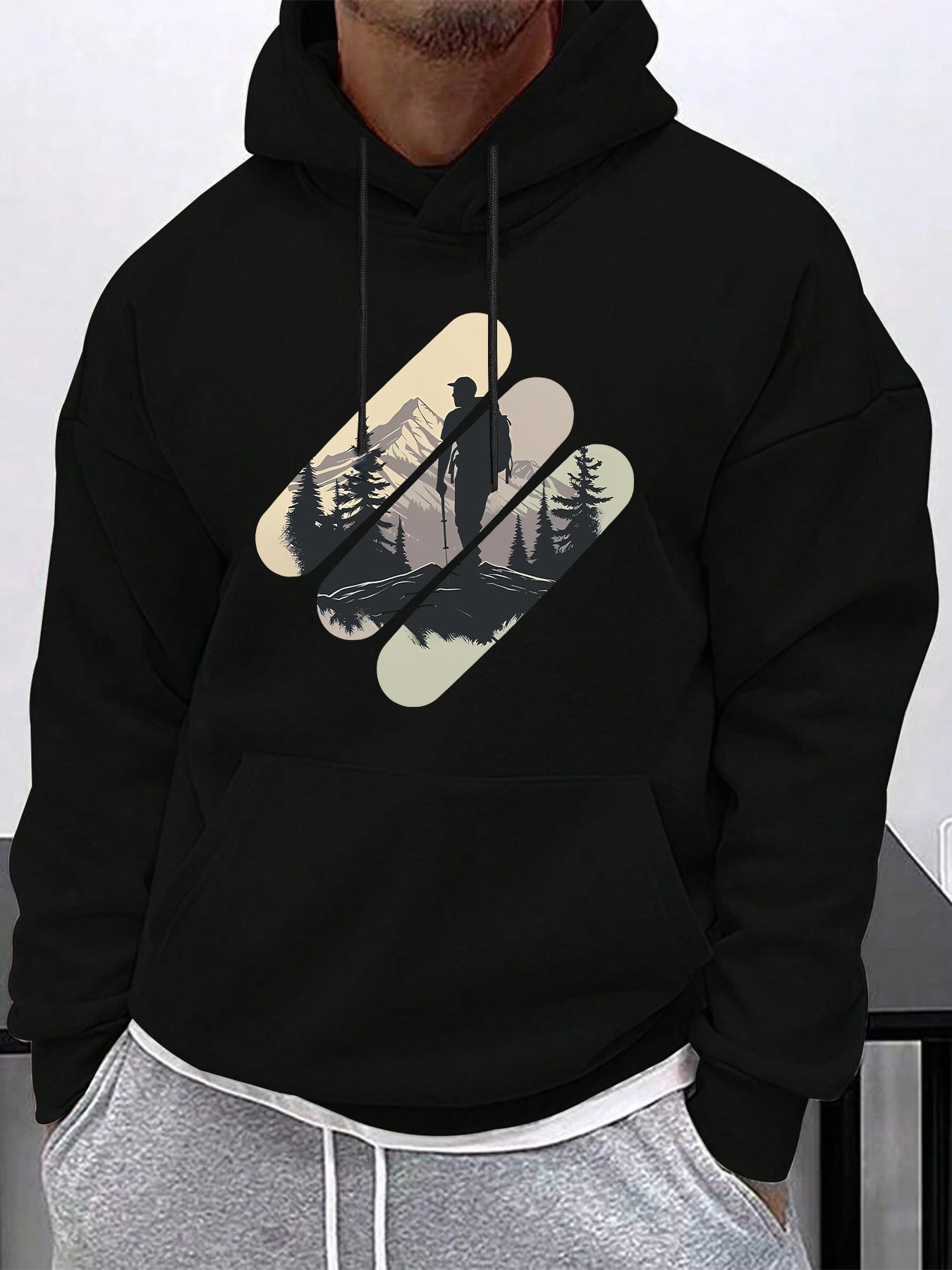 Men's Hiking Graphic Hoodie - Mountain & Trail Print Pullover with Kangaroo Pocket | Casual Outdoor Inspired Streetwear
