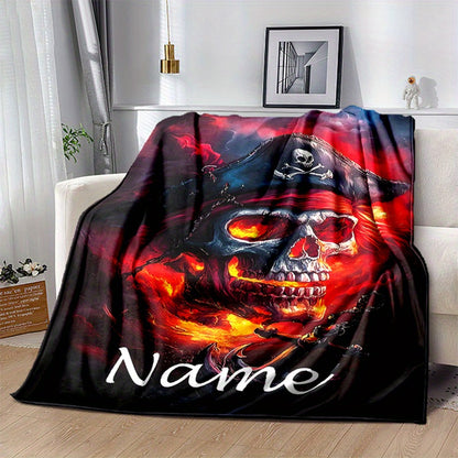 Pirate Skull Flannel Blanket - Custom Gothic Throw with Swords, Ship & Shiny Red Eyes | Personalized Text, All-Season Gift for Gaming Room & Camping