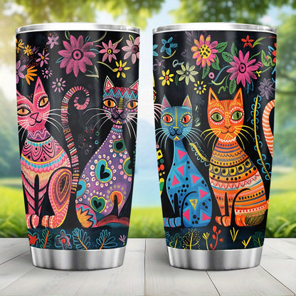 Sculptural Cat Tumbler - 20oz Brushed Steel Travel Mug with Handle, Artisanal Gift for Cat Lovers, Durable & Stylish for All Seasons