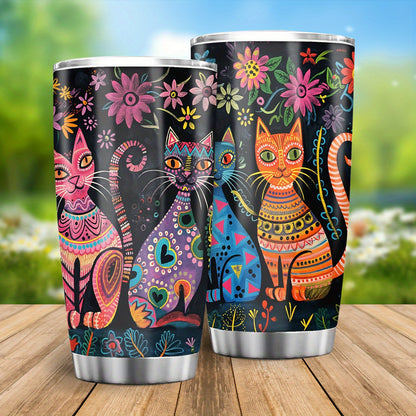 Sculptural Cat Tumbler - 20oz Brushed Steel Travel Mug with Handle, Artisanal Gift for Cat Lovers, Durable & Stylish for All Seasons