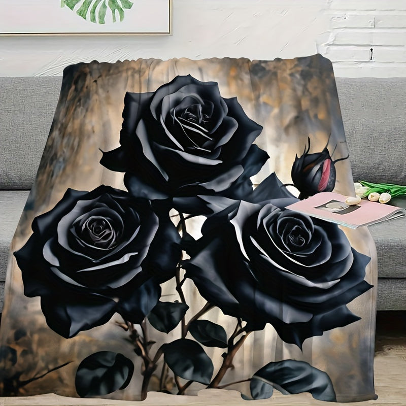 Black Rose Flannel Throw Blanket - Soft All Season Polyester Blanket, Machine Washable Lightweight for Couch, Bed, Office, Cozy Home Decor Gift