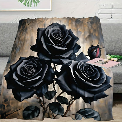 Black Rose Flannel Throw Blanket - Soft All Season Polyester Blanket, Machine Washable Lightweight for Couch, Bed, Office, Cozy Home Decor Gift
