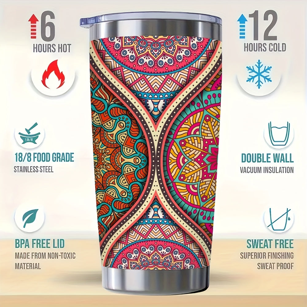 20oz Mandala Insulated Travel Mug - Vibrant Colorful Thermos Cup with Leak-Proof Lid, Keeps Drinks Hot & Cold for Hours - Perfect Gift for Office, Sports, Yoga, Valentines & Mothers Day